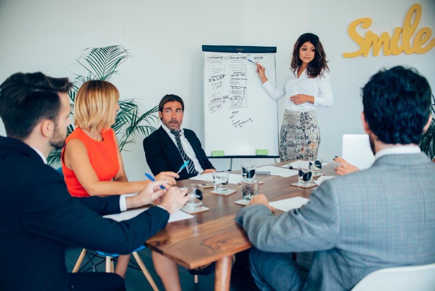 Investment analysis meeting with financial professionals reviewing market data